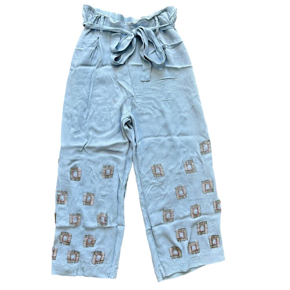 BL^NK London Beaded Geo Crepe Wide Leg Crop Pants Pull On Boho Fairy Artsy